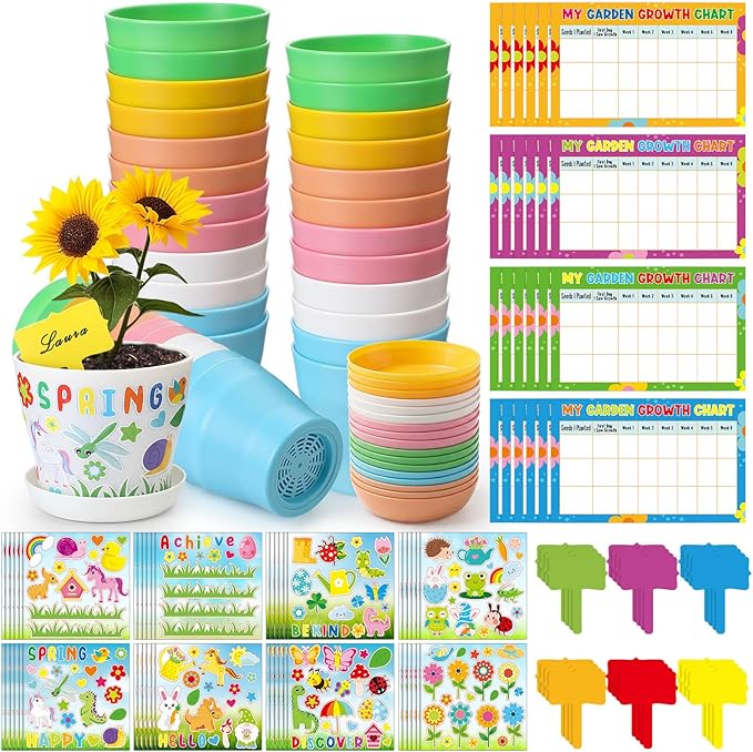 Capoda 48 Sets Garden Flower Pots Crafts Kit DIY Spring Plastic Seedling Nursery Pots with Stickers Plant Labels Growth Charts Planting Growing Tools Classroom Activities Project Gifts (Colorful) Capoda