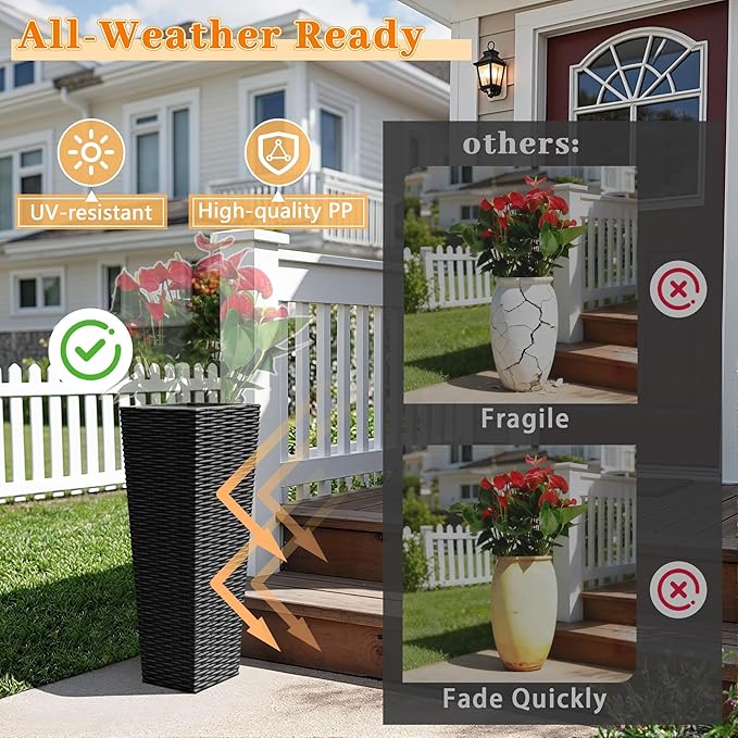 Greesum 24 Inch Tall Plastic Planters with Rattan Texture – Set of 2, Detachable Inner Pot & Drainage Holes, Indoor/Outdoor Decorative Flower Pots for Large Plants, Trees, Patio, and Garden, Black BuynowfromGreesum