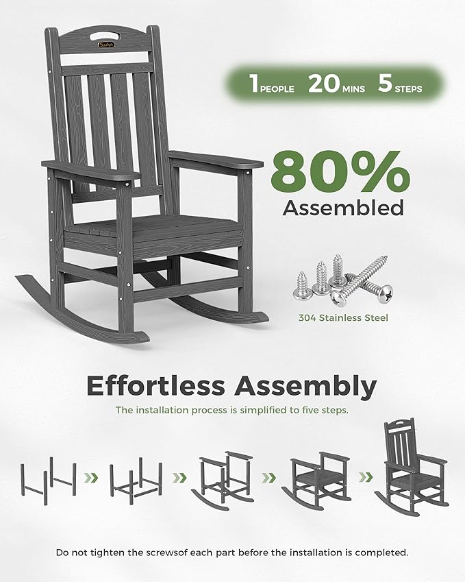 Oversized Outdoor Rocking Chairs Set of 4, High Back Porch Rocker Chair, HDPE All Weather Resistant Rocking Chairs for Patio, 380lbs Weight Capacity, Dark Grey Suunyn