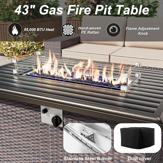 ALAULM Patio Furniture Set with Fire Pit Table 55000 BTU, Outdoor Sectional with Wide Seat and Thick Cushion, 8 Piece Wicker Rattan Conversation Set with Coffee Table for Garden, Deck, Sand ALAULM