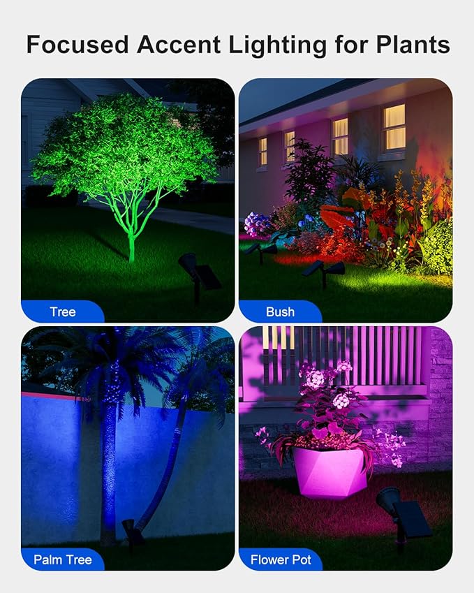 4 Pack Color Changing Solar Spotlights Outdoor Waterproof for Tree, Flower, Plant, Statue, Sign, Decorative wall, Rainbow Lanscape Decor Uplights for House Outside, Yard, Garden, Patio, Pathway, Fence FALOVE