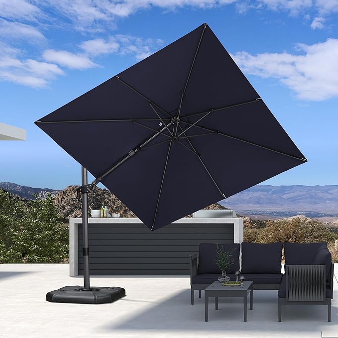 PURPLE LEAF 9' X 12' Right-left Tilt Patio Umbrella with Base Outdoor Cantilever Swivel Rectangle Umbrella Aluminum Offset Umbrella with 360-degree Rotation for Garden Deck Pool Patio Navy PURPLELEAF