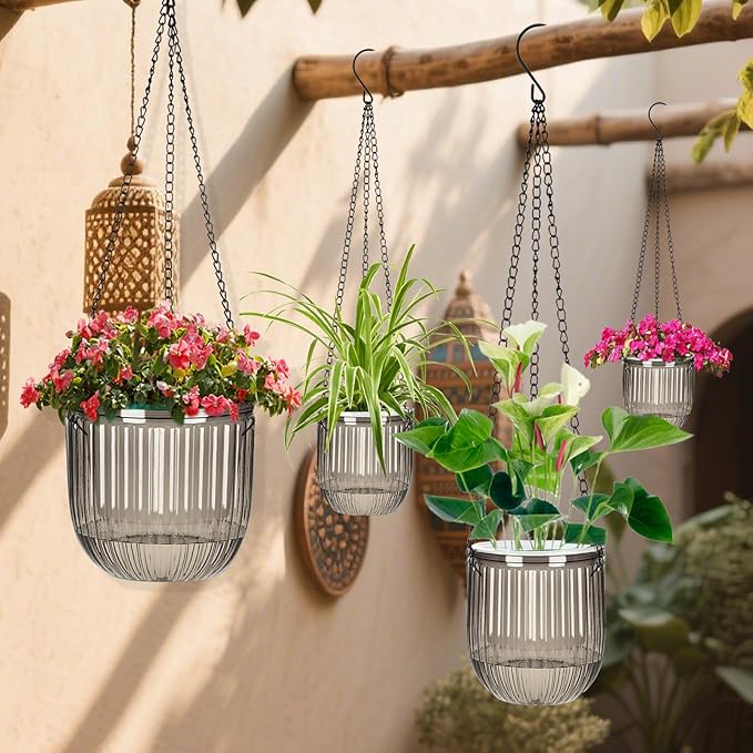 Self Watering Planters for Indoor Plants & Outdoor Plants Hanging Basket for Plants Modern Air Plant Pots with Drainage, Adjustable Hooks for Home, Balcony, Garden Décor Grey Rootora