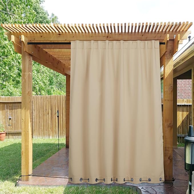NICETOWN 2 Panels Weighted Outdoor Curtains for Patio Waterproof, Top & Bottom Grommet & Back Tab Fixed Outdoor Curtains Windproof Drapes Thermal Insulated for Pergola, W84 x L95, Beige NICETOWN