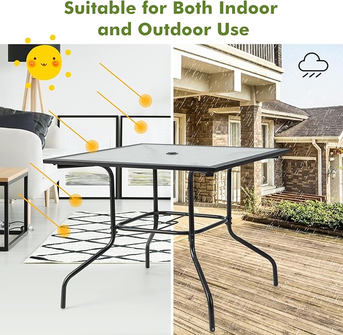 Tangkula 35 Inch Patio Dining Table with Tempered Glass Top, Square 4-Person Outdoor Bistro Table with 1.5" Umbrella Hole & Sturdy Metal Frame, Patio Dining Table for Backyard, Lawn, Deck & Poolside TANGKULA