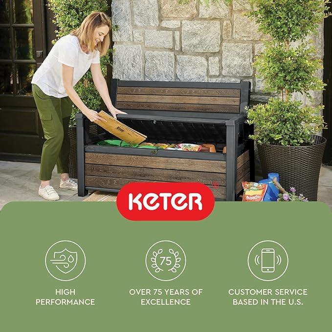 Keter Signature 60 Gallon Storage Bench Deck Box for Patio Furniture, Front Porch Decor and Outdoor Seating – Perfect to Store Garden Tools, Walnut Keter