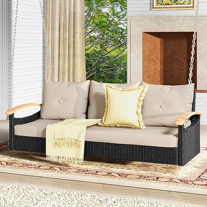 DWVO 3 Seats Porch Swing Hanging Bench Swing Outdoor Wicker Patio Swing Lounge Front Rattan for Garden, Balcony, Black&Beige DWVO