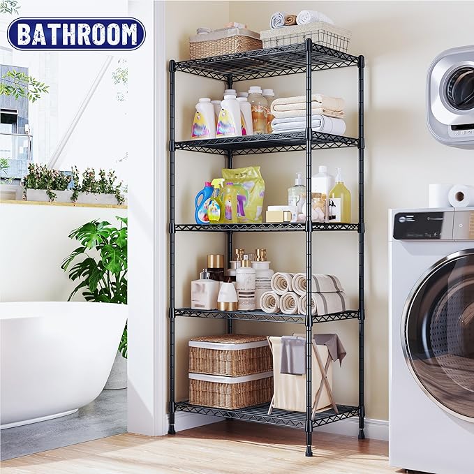 5-Tier Shelf 1010LBS Storage Shelves Adjustable Wire Shelving Metal Shelving Unit Storage Rack for Kitchen Pantry Closet Laundry School Commercial 59.4" Hx21.5 W x13.6 D Romorgniz