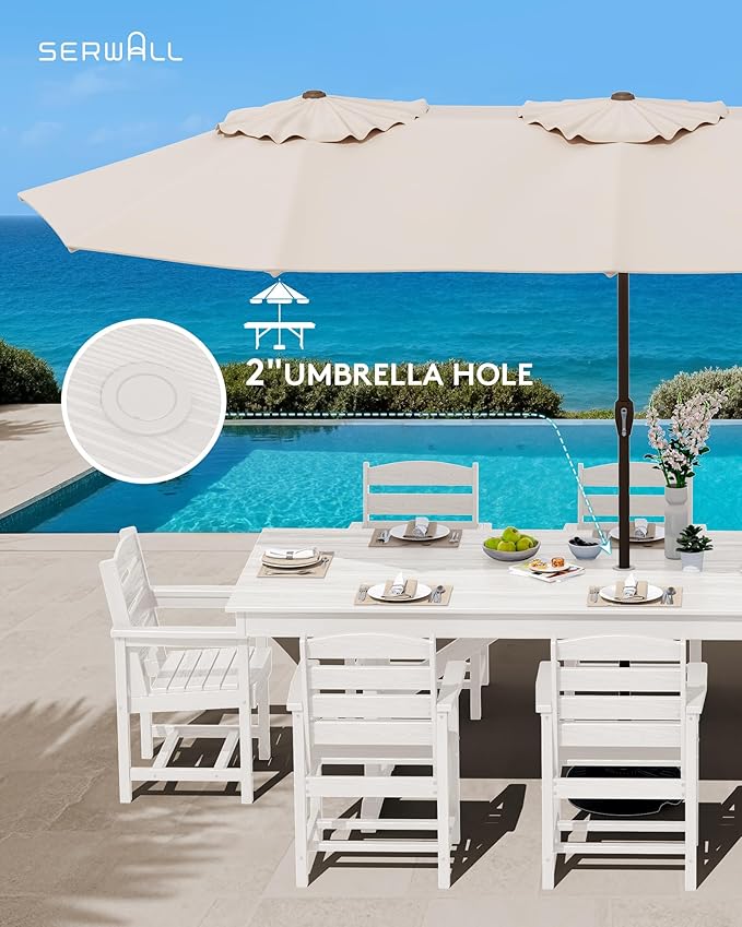 SERWALL 9 Piece Outdoor Dining Set, 84" HDPE Outdoor Table and Chairs for 8，All Weather Patio Furniture Set with Umbrella Hole for Backyard, Garden, White SERWALL
