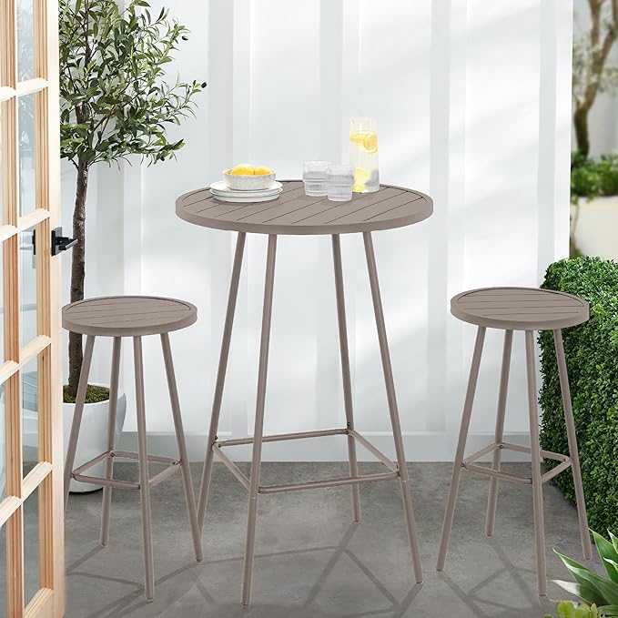 Best Choice Products 3-Piece Patio Dining Set, Bar Height, Outdoor Bistro Set, Outdoor Round Bar Table w/ 2 Bar Stools, Steel - Taupe BestChoiceProducts