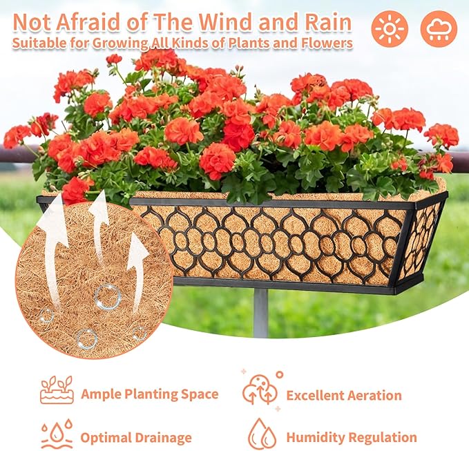 Riare 4 Pack 23 Inch Window Boxes Planters with Coco Liner, Metal Deck Railing Planter Boxes, Balcony Planters Railing Hanging, Horse Trough Window Flower Planter Boxes for Outdoor Porch Fence Patio Riare