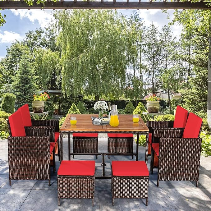 Tangkula 9 Pieces Acacia Wood Patio Dining Set, Space Saving Wicker Chairs and Wood Table with Umbrella Hole Outdoor Furniture Set, Suitable for Garden, Yard, Poolside, Outdoor Seating Set TANGKULA