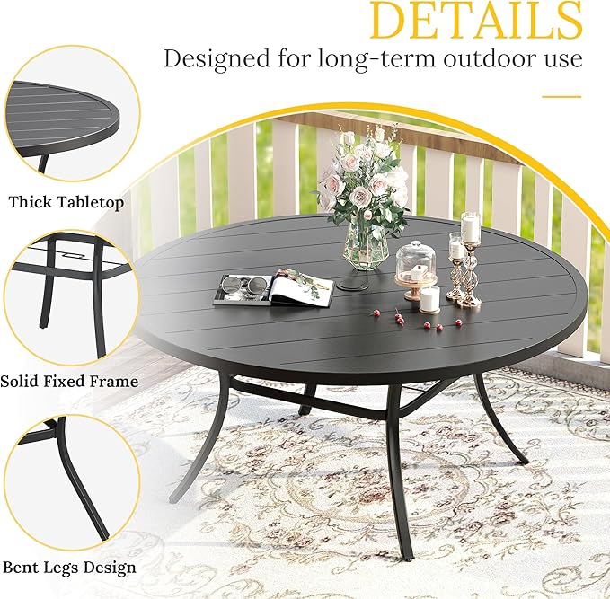 VICLLAX 50" Outdoor Round Patio Table with Umbrella Hole, All Weather Metal Round Outdoor Dining Table for Lawn Garden, 6-8 Person Table, Black HOME