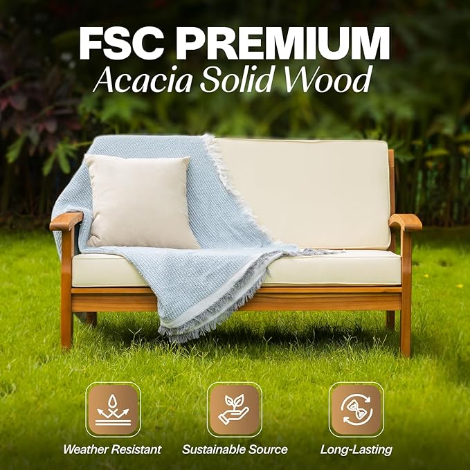 Idzo Laurent 800lbs Capacity Acacia Outdoor Loveseat, FSC Certified 2 Seater Patio Sofa with 3.9in Thick Cushions, Teak Finish Porch Couch for Garden Backyard Idzo