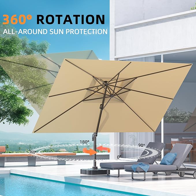 9' X 12' Cantilever Outdoor Patio Umbrellas with Base Included, Large Rectangle Umbrella Heavy Duty 360°Rotation Offset Umbrella for Garden Deck Pool Patio,Brown ORYNTREX