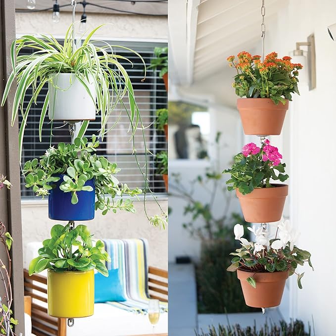 — Three Pack, Pot Hanger Kits + Accessories - Hang and Connect Your Clay Pots, Stainless Steel - Indoor Outdoor - Connectable Hanging Planter Vertical Garden w/Drainage for Healthy Plants SkyPots