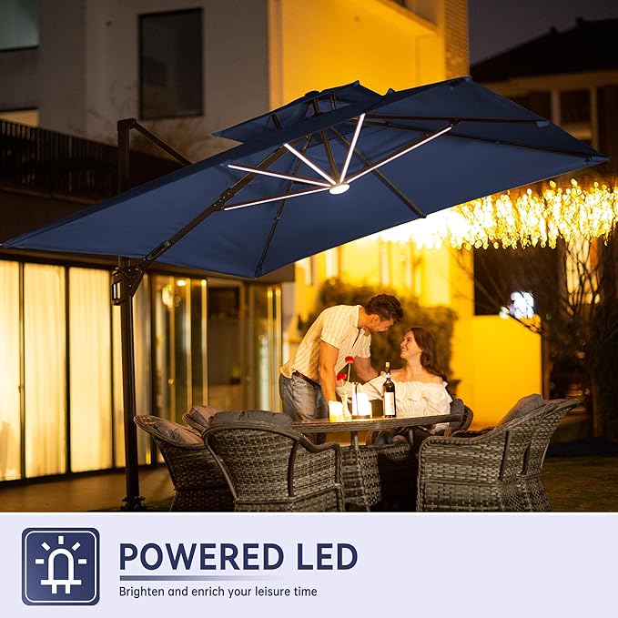 10 X 13 FT Cantilever Outdoor Patio Umbrella with Base Included Large Heavy Duty 360° Rotation Double Top Offset Rectangular Umbrellas with Led Lights for Backyard Outside Deck, NAVY MEVBC