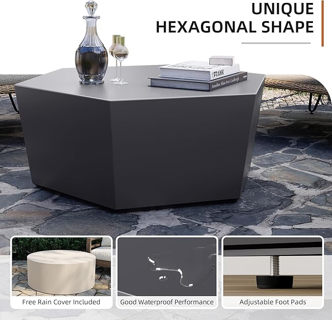 UPHA Outdoor Hexagon Coffee Table, Small Modern Minimalist Accent Tables, Low Light Concrete Center Table for Living Room, Outside Patio, Deck, 35×30.7×15, Dark Gray UPHA
