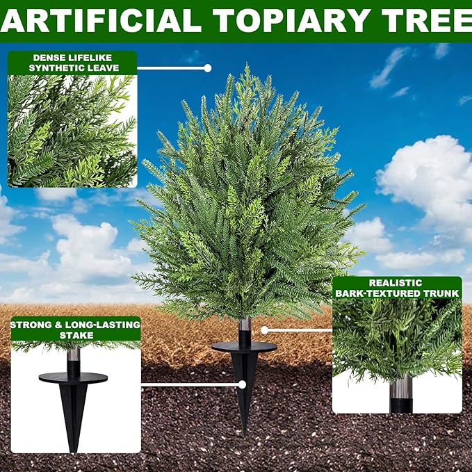 2 Pack Artificial Cypress Topiary Ball Trees with Ground Spike, 24" Norfolk Fake Bushes Shrubs UV Resistant Faux Plants Greenery for Outdoor Planters Garden Front Porch Pot Urn Fillers Spring Decor Grandeal