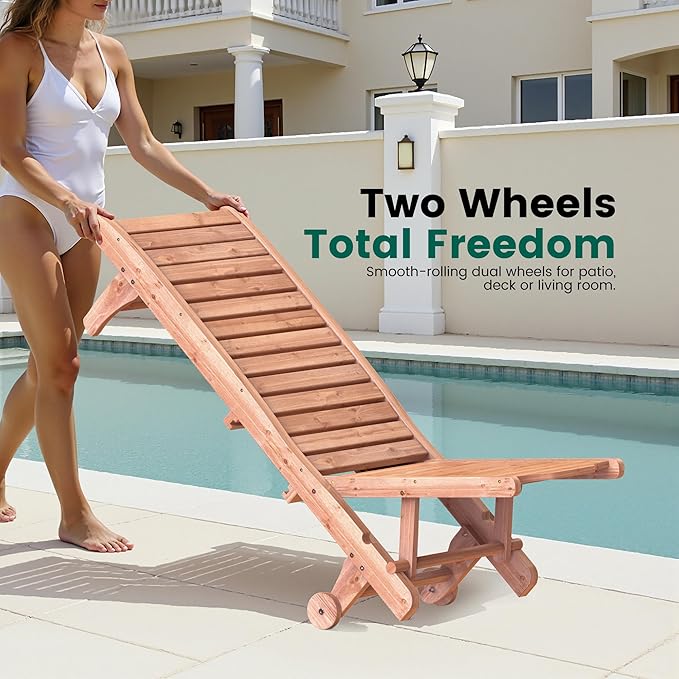 Wooden Chaise Lounge Chair, 3-Position Adjustable Outdoor Tanning Chair with Hidden Side Tray & Wheels, Poolside Patio Sun Chair EUNHOO
