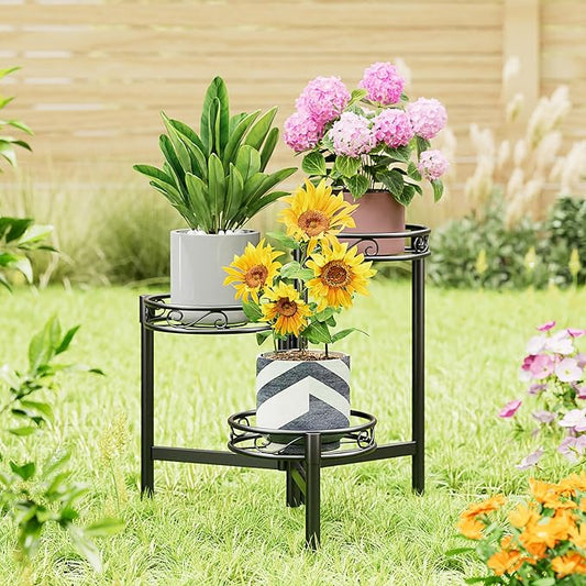 3-Tier Plant Stand Outdoor,Metal Plant Stand for Multiple Plants, Folding Tall Plant Rack Display Shelf for Corner Living Room Porch Patio Garden Office - BalckCircle Rootora