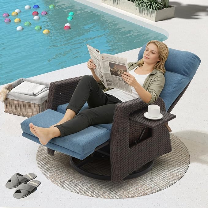 Adjustable Outdoor Recliner Chair with Independent Backrest & Footrest, Patio Swivel Recliner Chair, Wicker Reclining Patio Chair w/Flip-Up Table, 155° Lay Flat Chaise Lounge, Blue, 2PCS Rootora