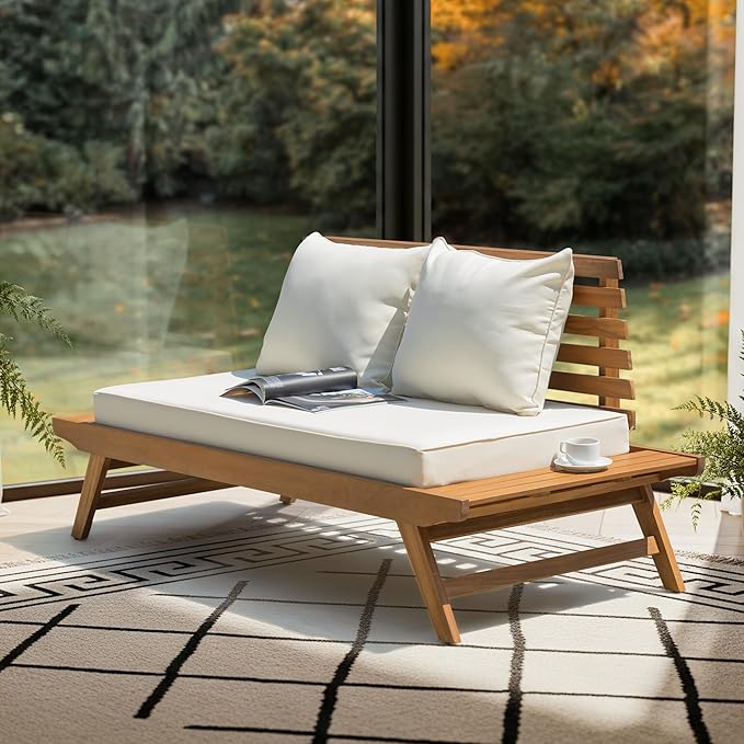 Idzo Lucille Updated 800lbs Capacity Acacia Patio Loveseat, FSC Certified 2 Seater Outdoor Sofa with 3.9in Thick Cushions, Teak Finish Porch Couch for Garden Backyard Idzo