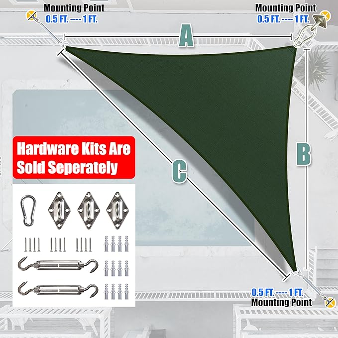 Amgo Custom Size 12' x 13' x 17.7' Green Right Triangle Sun Shade Sail Order to Make Canopy Awning UPF50+ AGSLT, 95% UV Blockage, Water & Air Permeable, 200GSM Commercial Standard (We Customize) Amgo