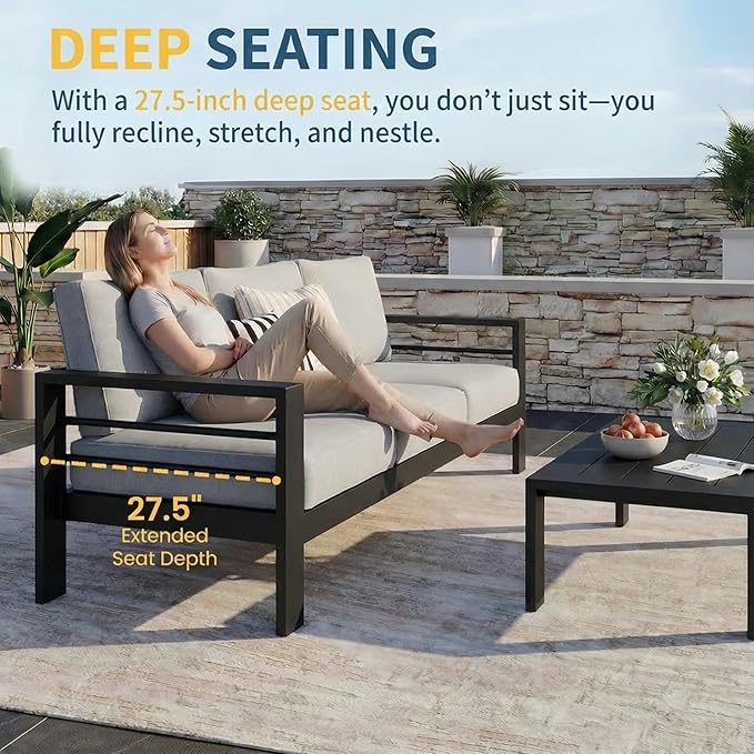 Solaste Aluminum Patio Furniture Set for All Weather, Oversized Metal Outdoor Furniture Set with 27.5" Deep Seating and 3.2" Wide Armrest, Patio Conversation Set with 10’’ Back Cushion, Black and Grey Solaste