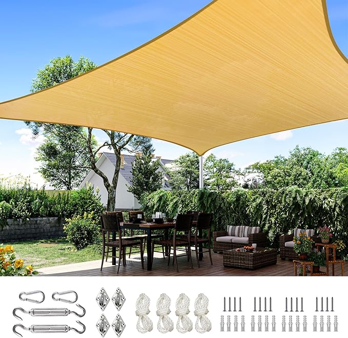 Quictent 12x16ft Rectangular Sun Shade Sail 185G HDPE Canopy 98% UV Block Outdoor Patio Garden Commercial Deck with Hardware Kit (Sand) QUICTENT