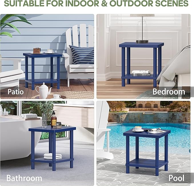 Outdoor Side Table, 2-Tier Small Outdoor Table for Patio, Adirondack Side Tables for Outside or Indoor, Bamboo End Table for Pool, Porch, Weather Resistant Easy Maintenance-Dark Blue LEJANEOYE