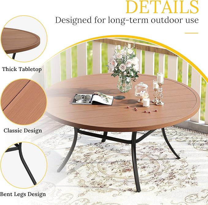 VICLLAX 63" Outdoor Round Patio Table with Umbrella Hole, All Weather Metal Round Outdoor Dining Table for Lawn Garden, 8-10 Person Table, Walnut Wood Grain HOME