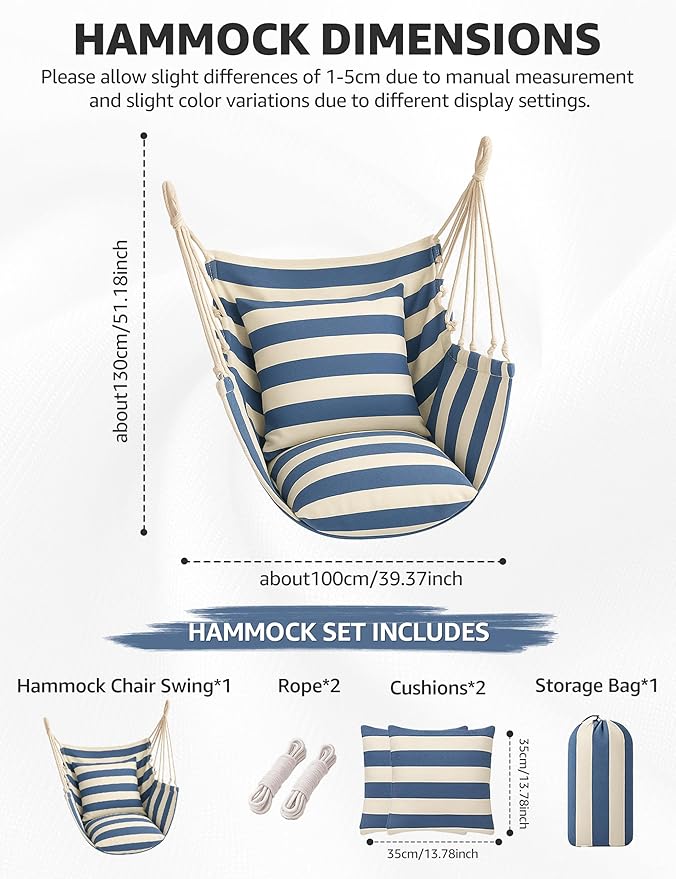 Hammock Chair Swing 2 Cushions Included - Hanging Rope Swing Max 400 Lbs Sturdy Soft Cotton Indoor for Bedroom Swing Chair Outdoor Patio Bedroom Porch Deck (Blue White Stripes) Rootora