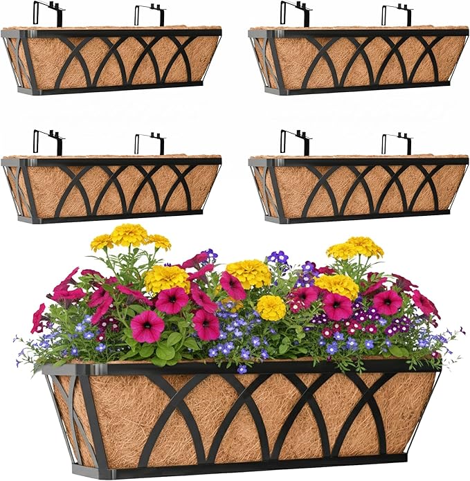 Window Deck Railing Planters Boxes with Coconut Liner, The Bottom Flat Window Boxes Planters Flower Boxes Metal Black Balcony Planter Railing Hanging for Outdoor Fence Porch Patio Lawn(4Pcs 24 Inch) EIMQUVW