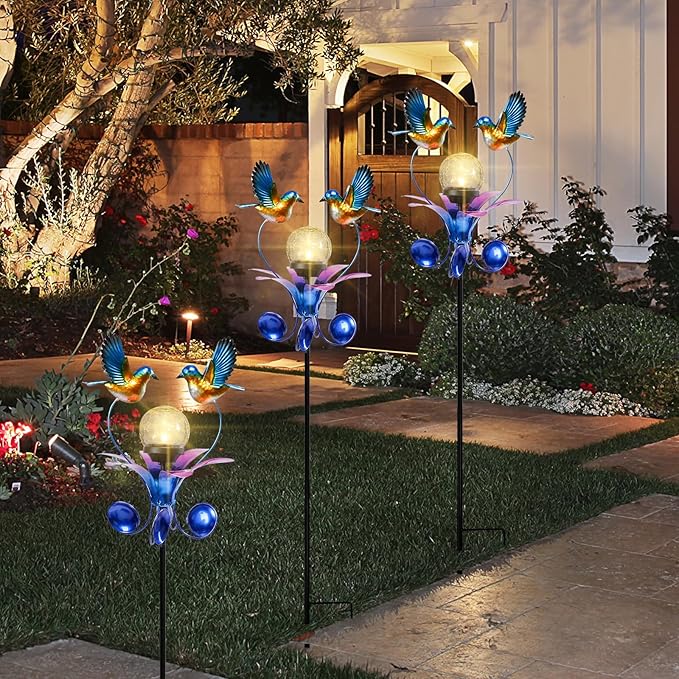 VCUTEKA Solar Lights Outdoor Metal Garden Stake Waterproof Crackle Glass Globe Garden Decor Blue Jay Bird for Pathway, Lawn, Patio, Yard VCUTEKA