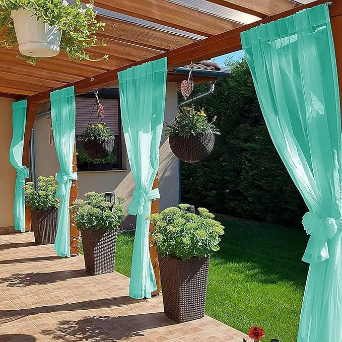 SpaceDresser Waterproof Outdoor Sheer Curtains for Patio - 4 Panels Rod Pocket Indoor Voile Sheer Curtain for Living Room,52W x 108L inch, Turquoise SpaceDresser