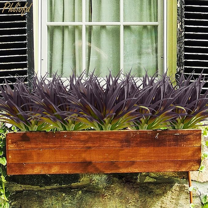 6Pcs Artificial Grass Fake Grass Plants 17.3in Outdoor Plants UV Resistant Faux Greenery Stems for Home Window Garden Office Patio Pathway Front Porch Halloween Décor Light Green & Purple Phliofd