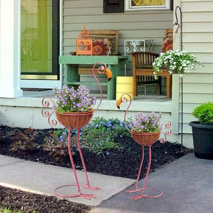 Metal Flamingo Planter with Basket -Garden Bird Planters for Outdoor Indoor Lawn,Yard,Porch,Patio, Garden Decorations（Set of 2） COOZZYHOUR