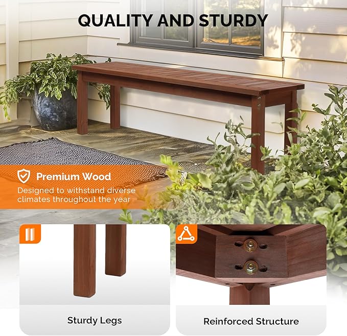 VINGLI Outdoor Wooden Bench, 62” Porch Bench Outdoor Backless Garden Bench, Small Outdoor Bench for Deck Patio Entryway (Brown, 62in) VINGLI