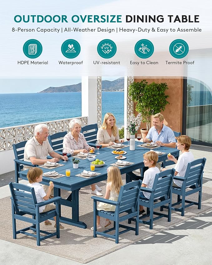 SERWALL 9 Piece Outdoor Dining Set, 84" HDPE Outdoor Table and Chairs for 8，All Weather Patio Furniture Set with Umbrella Hole for Backyard, Garden, Blue SERWALL