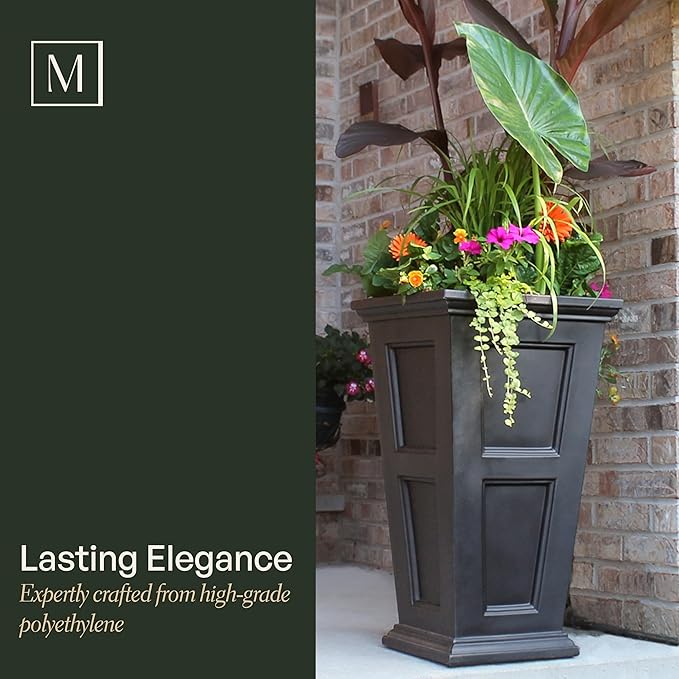 Mayne Fairfield 28-Inch Tall Planter, 2-Pack – Self-Watering, Weather-Resistant Planter for Flowers – Durable Outdoor Design for Patio, Porch, or Entryway Mayne