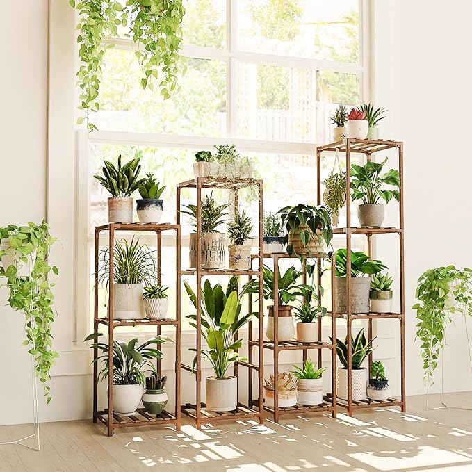 Bamworld 4 Sets Tall Plant Stands Indoor Outdoor Combo Plant Shelves Wooden Plant Holder Rack for Multiple Plants Flower Stands for Living Room Balcony Garden Patio Lawn Window Bamworld