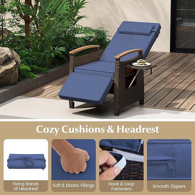 RELAX4LIFE Rattan Outdoor Recliner Chair - Wicker Chaise Lounge Chair w/Adjustable Back & Footrest, Acacia Wood Armrests, Flip Side Table, Cushion, Reclining Patio Chair for Pool Yard (1, Navy) RELAX4LIFE