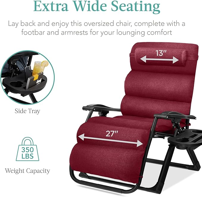 Best Choice Products Oversized Zero Gravity Chair, Folding Outdoor Patio Recliner, XL Anti Gravity Lounger w/Removable Cushion, Cup Holder, Side Tray, 350lb Capacity - Burgundy BestChoiceProducts