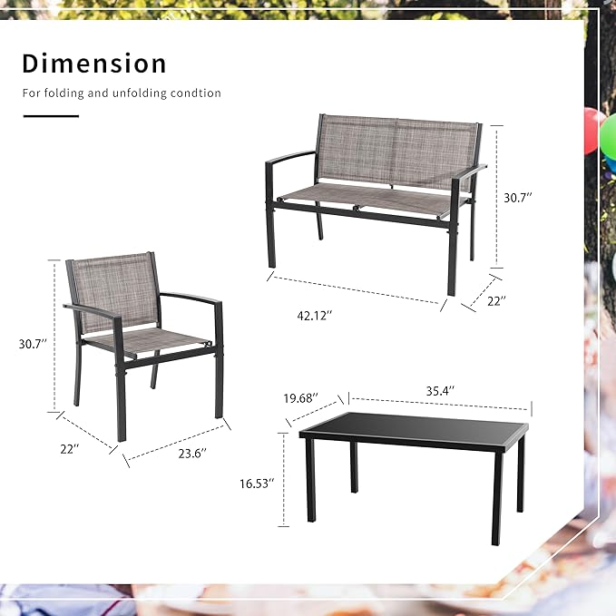 Shintenchi 4 Pieces Patio Furniture Set All Weather Textile Fabric Outdoor Conversation Set, with Glass Coffee Table, Loveseat, 2 Single Chairs for Home, Garden, Lawn, Porch（Light Brown） Shintenchi