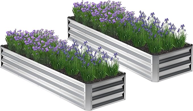 2PCS 8x2x1FT Galvanized Raised Garden Bed,Planter Raised Beds-Metal Garden Box,Large Plant for Outdoor Planting, Vegetables Bed，Flower,herb-Silver Home