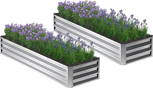 2PCS 8x2x1FT Galvanized Raised Garden Bed,Planter Raised Beds-Metal Garden Box,Large Plant for Outdoor Planting, Vegetables Bed，Flower,herb-Silver Home