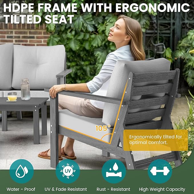 6-Piece HDPE Patio Furniture Set, Outdoor Sectional Sofa Set,All Weather Outdoor Couch with Dust-Free Cushions, Durable Patio Conversation Sets for Balcony, Porch, Gray Rootora