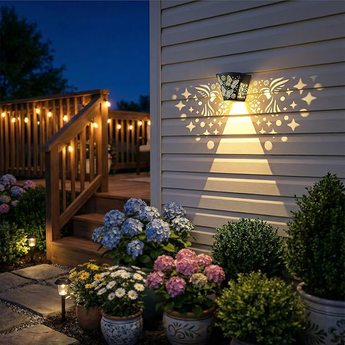2 Pack Solar Fence Lights Outdoor Wall lihgts Decorations Metal Solar Deck Lights Waterproof LED Solar Powered Step Light Warm White Decorative Lighting for Garden, Front Door (Hummingbird) Gardsee