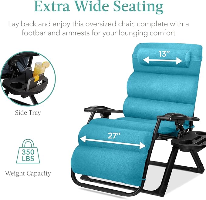Best Choice Products Oversized Zero Gravity Chair, Folding Outdoor Patio Recliner, XL Anti Gravity Lounger w/Removable Cushion, Cup Holder, Side Tray, 350lb Capacity - Light Blue BestChoiceProducts
